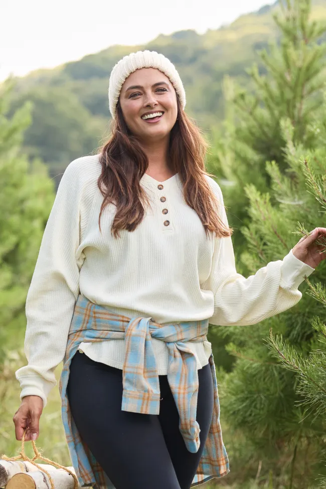 Streetwear Style Abbie Long Sleeve Mineral Wash Cream Thermal Henley Top