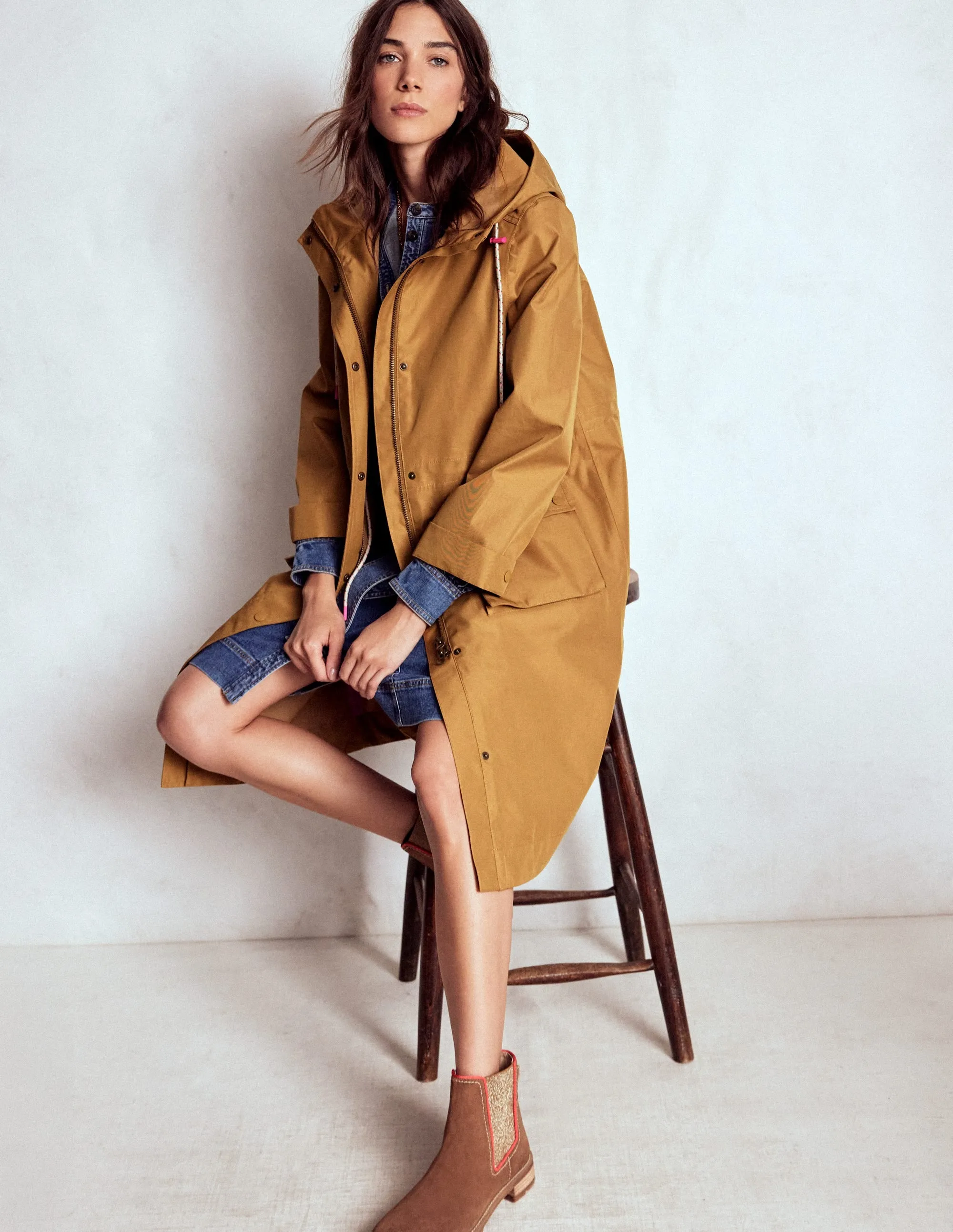 Eco Friendly Textile Leather Bits Longline Rain Mac-Hazelnut Brown