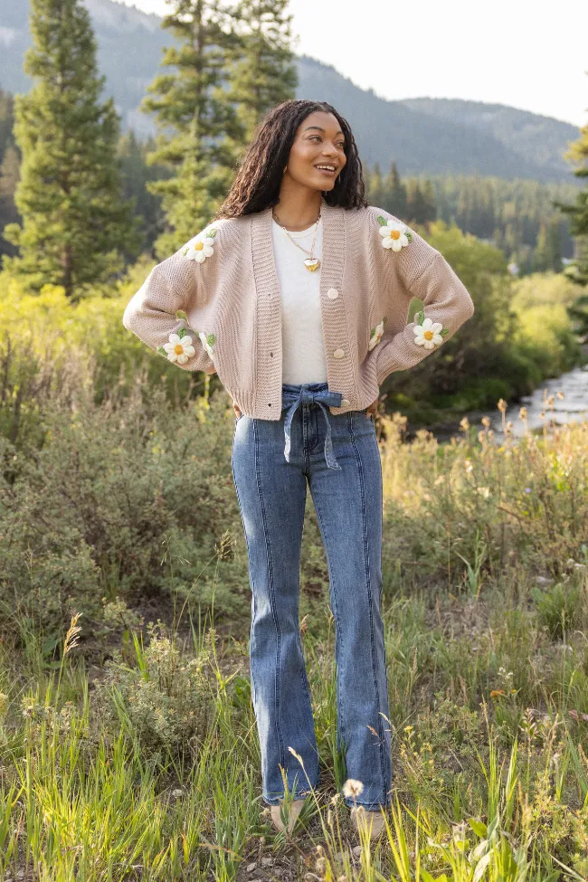 Samantha Long Sleeve Taupe Daisy Cardigan Rain Proof