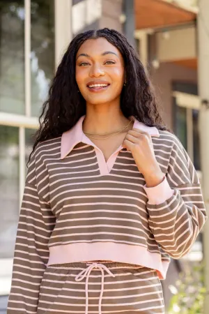 Alice Pink Striped Collared Crop Sweatshirt Diamond Soul