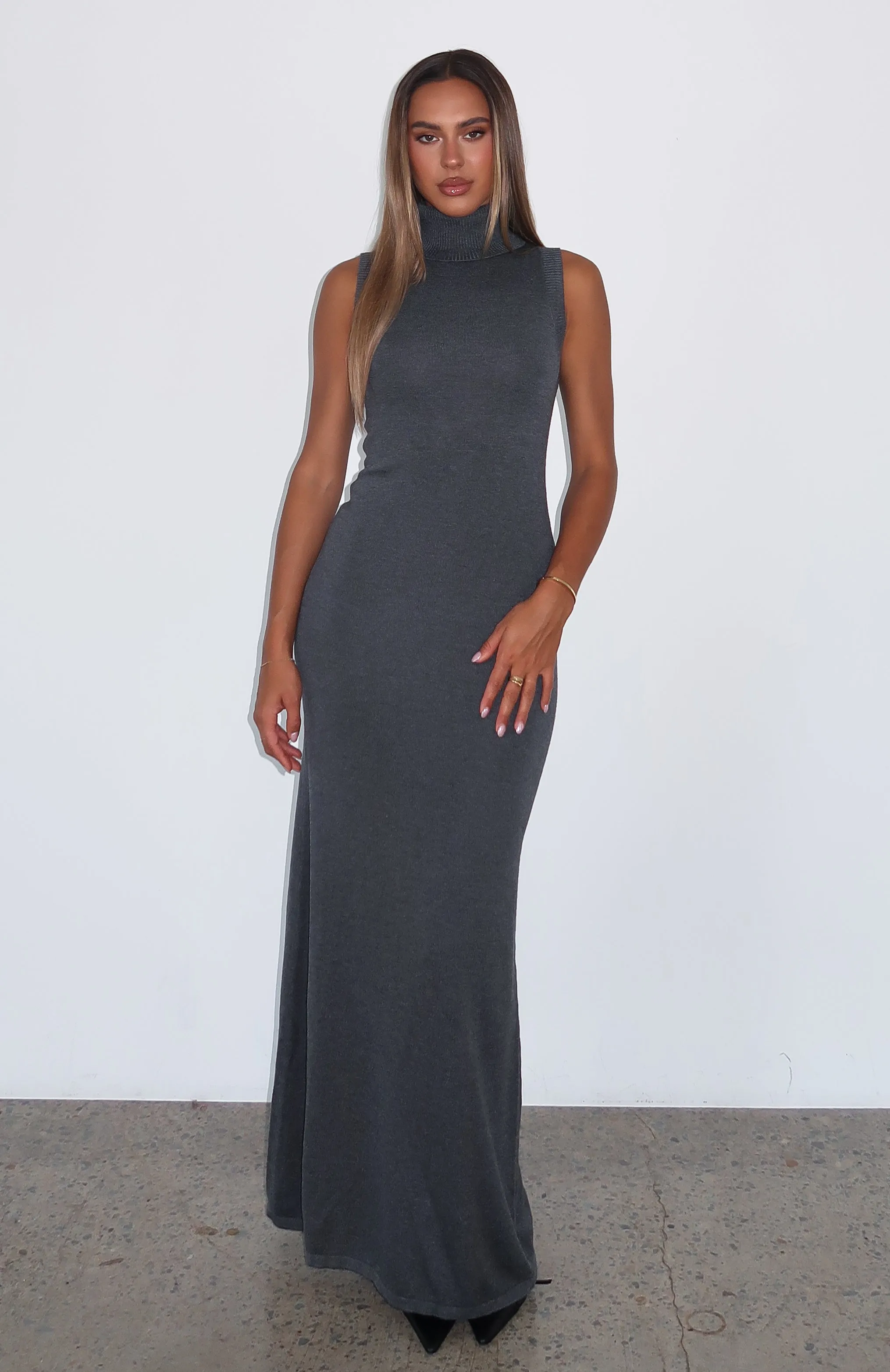 Button-Cuff Finding My Power Knit Maxi Dress Charcoal