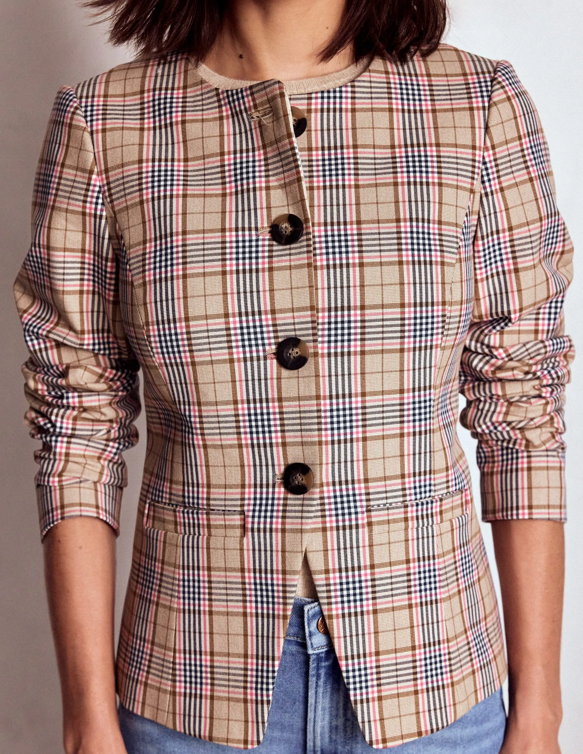 Hampstead Blazer-Brown, Pink & Navy  Check BondedSeams Clean Silhouette