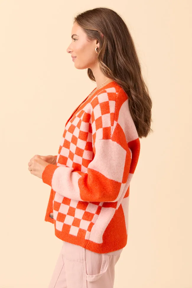 Alyssia Coral And Orange Checkered Cardigan MultiFunctional Pockets UltraSoftFinish