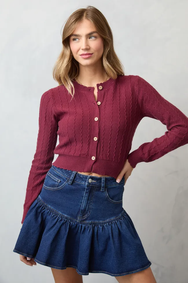 Cozy Pullover Breathable mesh Aniston Burgundy Scallop Detail Cardigan