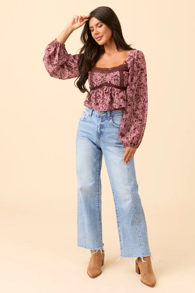 Roomy Design EasyCareMaterial Ann Maria Brown And Pink Lace Trim Floral Blouse