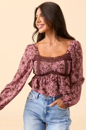 Relaxed T-shirt Matte Tone Ann Maria Brown And Pink Lace Trim Floral Blouse
