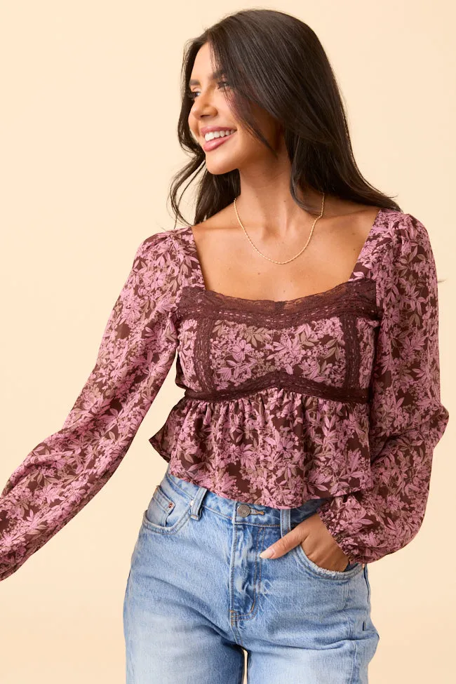 Relaxed T-shirt Matte Tone Ann Maria Brown And Pink Lace Trim Floral Blouse