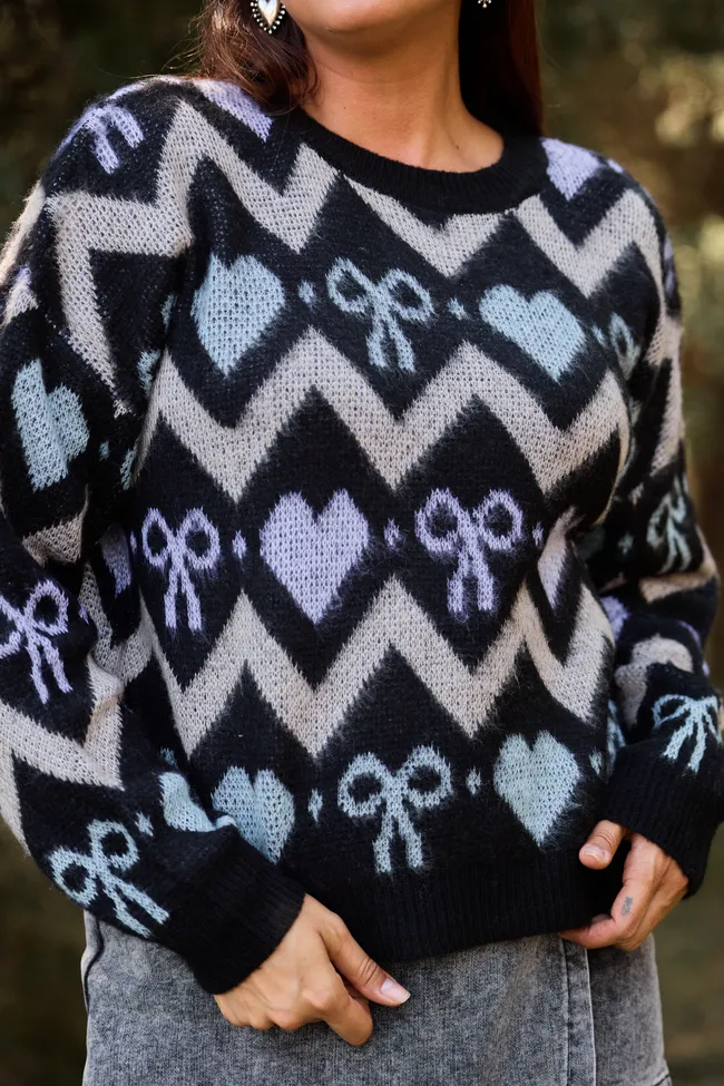 Annie Joy Black Blue Grey Hearts and Bows Sweater Low Care SoftenedEdges