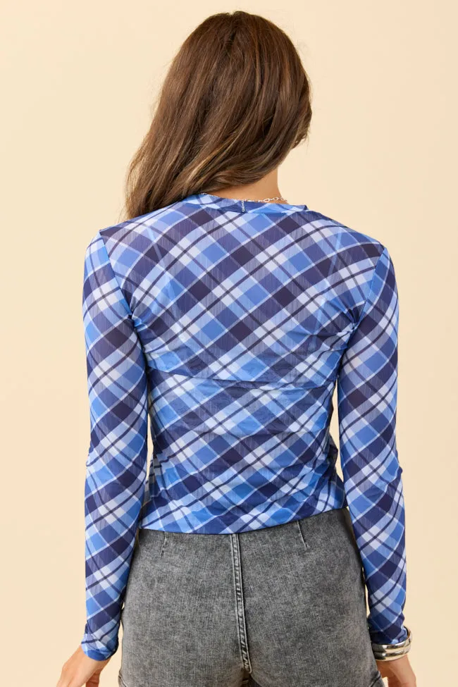 ShrinkResistant Adjustable Drawcord Ansley Long Sleeve Blue Plaid Mesh Crewneck Top SALE