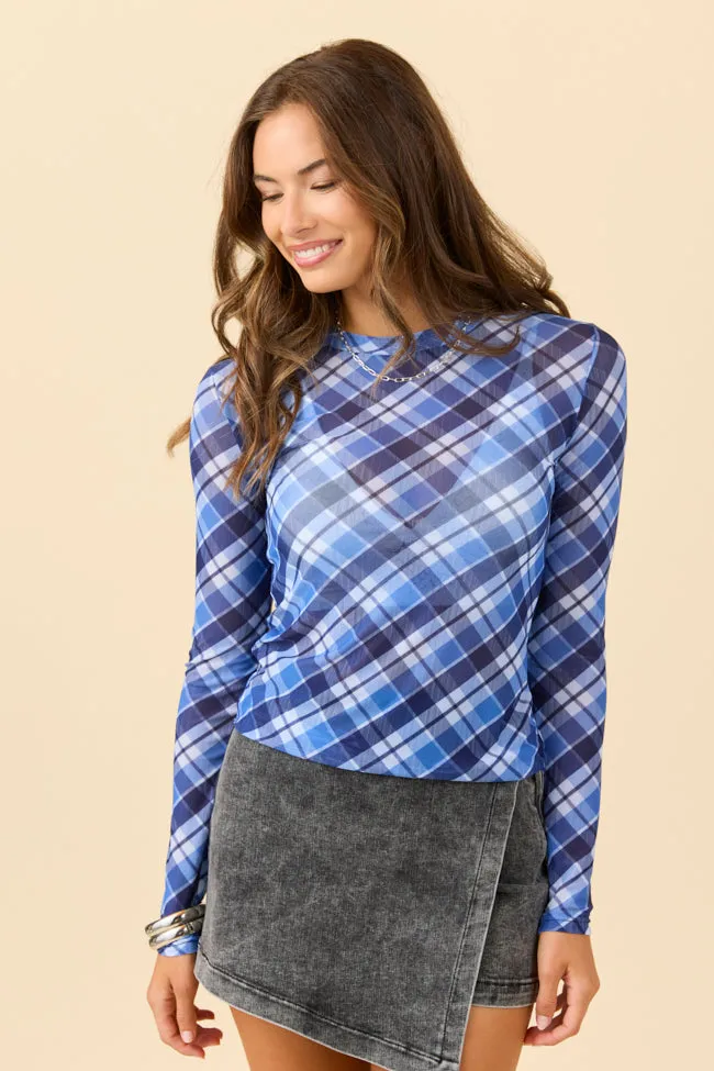 DoubleStitchedEdges Luxury Apparel Ansley Long Sleeve Blue Plaid Mesh Crewneck Top SALE