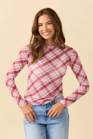 Strong Glow Ansley Long Sleeve Pink Plaid Mesh Crewneck Top SALE
