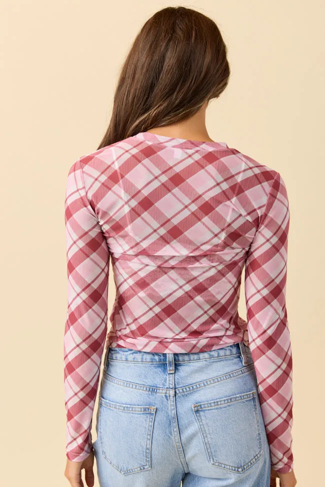 Ansley Long Sleeve Pink Plaid Mesh Crewneck Top SALE Winter Essential