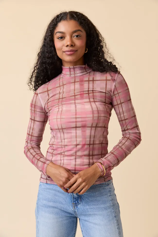 Antibacterial lining Ansley Long Sleeve Pink Plaid Mesh Mock Neck Top