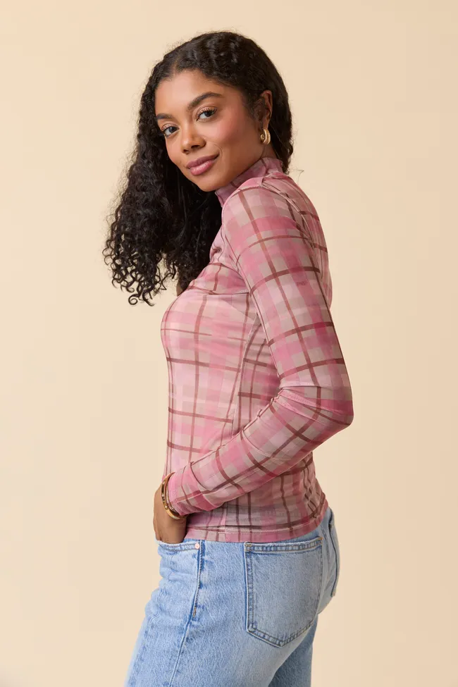 Ansley Long Sleeve Pink Plaid Mesh Mock Neck Top Light Pants