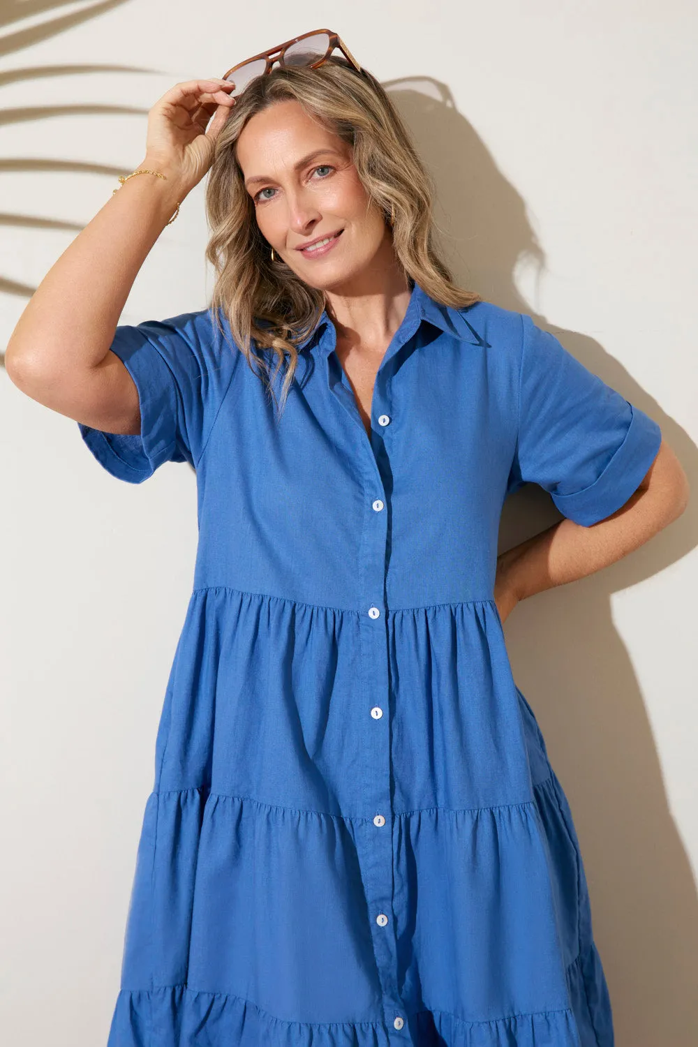 Sabre Collared Short Dress in Yale Blue Shiny surface