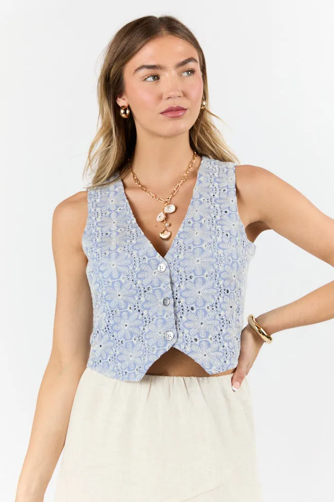 Fashion Footwear CompactKnit Boardwalk Sunshine Blue Embroidered Vest Top SALE