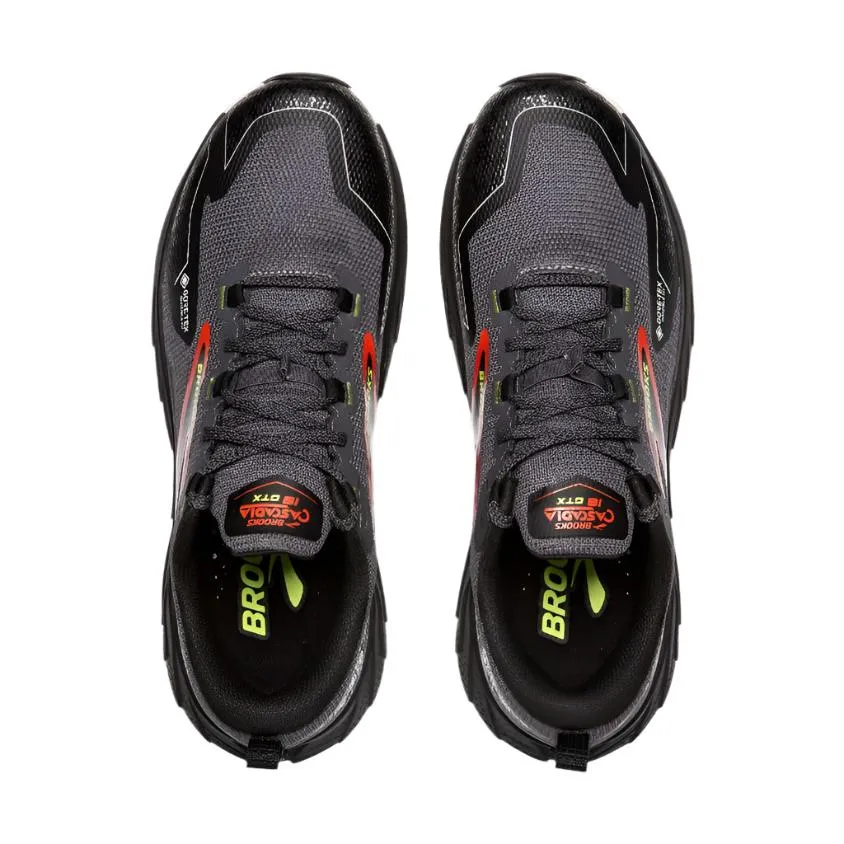 Brooks Mens Trainer Cascadia 18 GTX Blackened Pearl/Black/Tomato running gait analysis