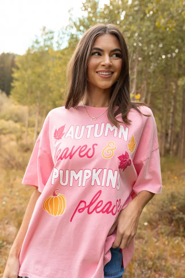 Energy Ease Autumn Leaves & Pumpkins Please Taffy Pink Oversized Graphic Tee
