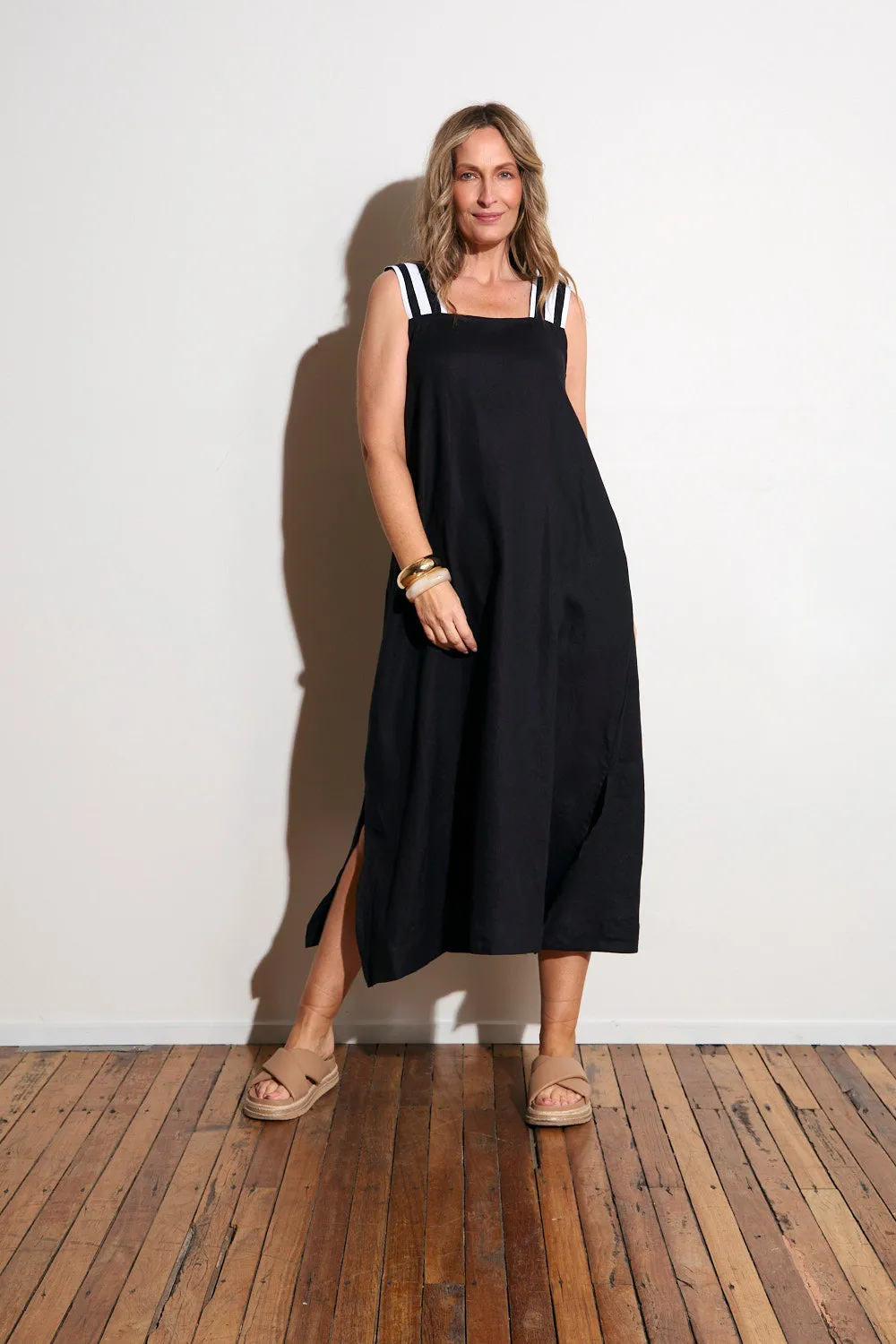 Relaxed Look Bec Linen Sundress in Black with White Stitching