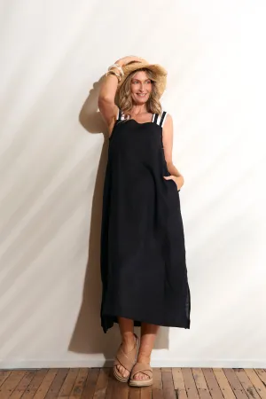 Bec Linen Sundress in Black with White Stitching Elegant Motion