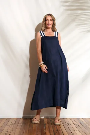 Flow Friendly Bec Linen Sundress in Navy with White Stitching