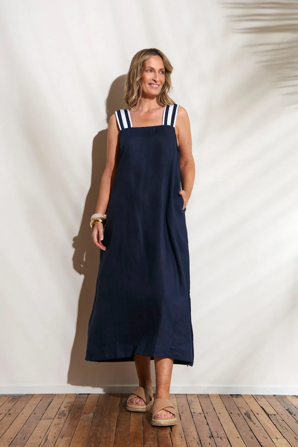 Bec Linen Sundress in Navy with White Stitching Joyful Look Fashionable Layers