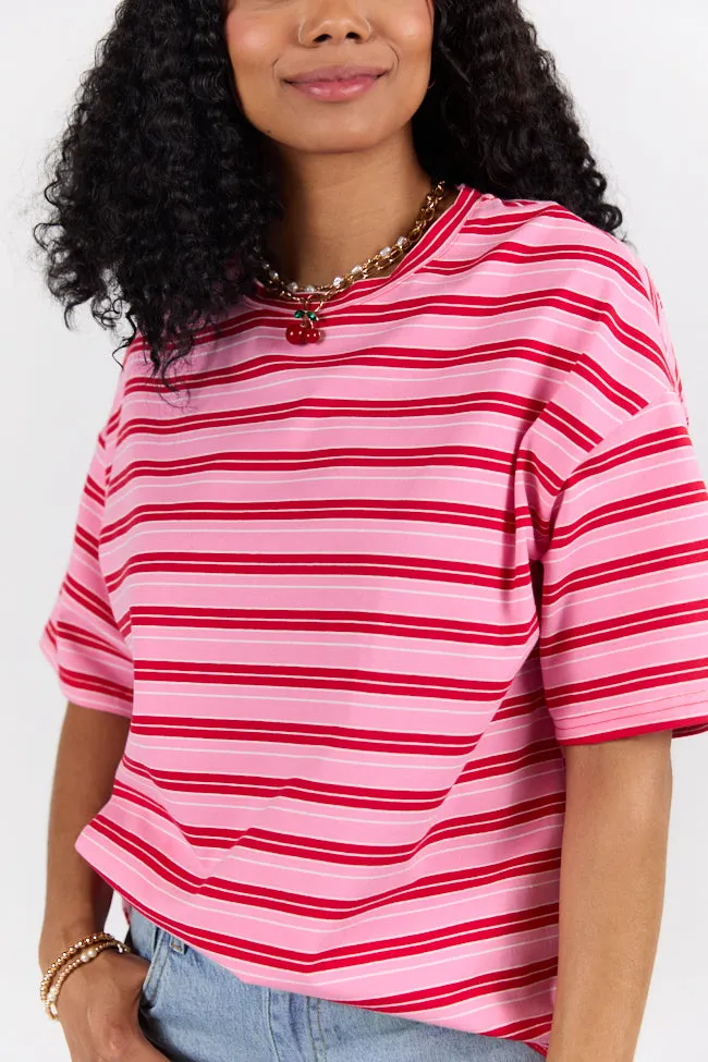 Soft Jersey NonRestrictive Fit Between The Lines Pink and Red Oversized Striped Tee SALE