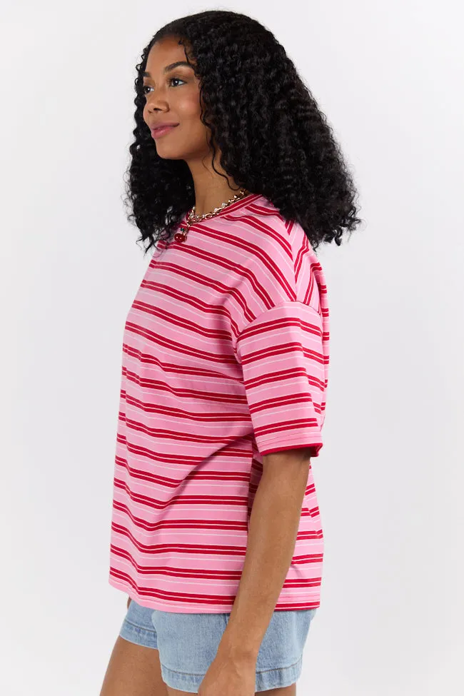MultiPocket Design SoftTouchLining Between The Lines Pink and Red Oversized Striped Tee SALE