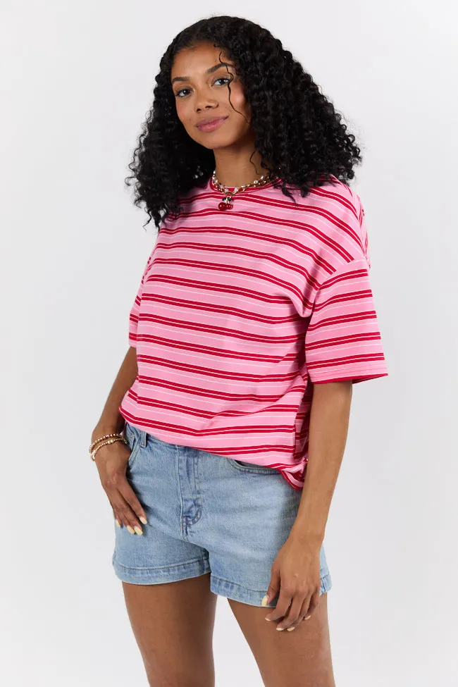 Open Glow Between The Lines Pink and Red Oversized Striped Tee SALE