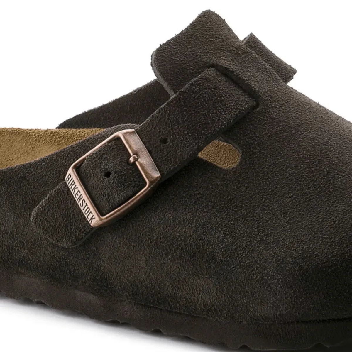 Birkenstock Women's Boston Soft Footbed Mocha Suede Textured Grip foldable