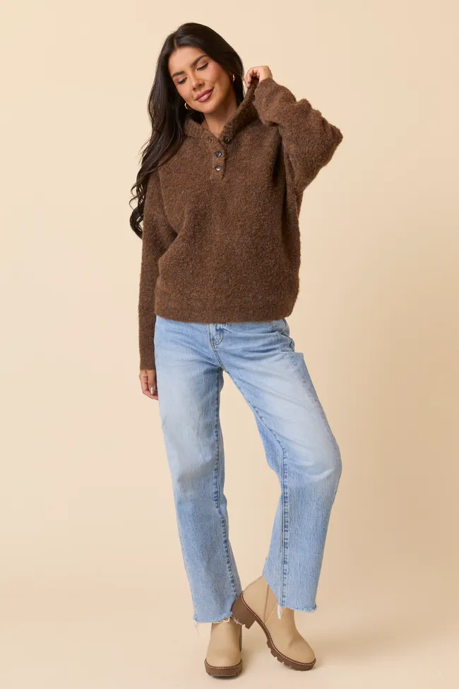 Balance Core Calm Tone Leona Chocolate Hooded Buttoned Sweater