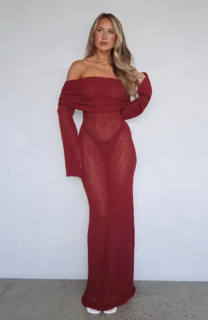 Cruise-Wear Made It Out Long Sleeve Boucle Maxi Dress Burgundy