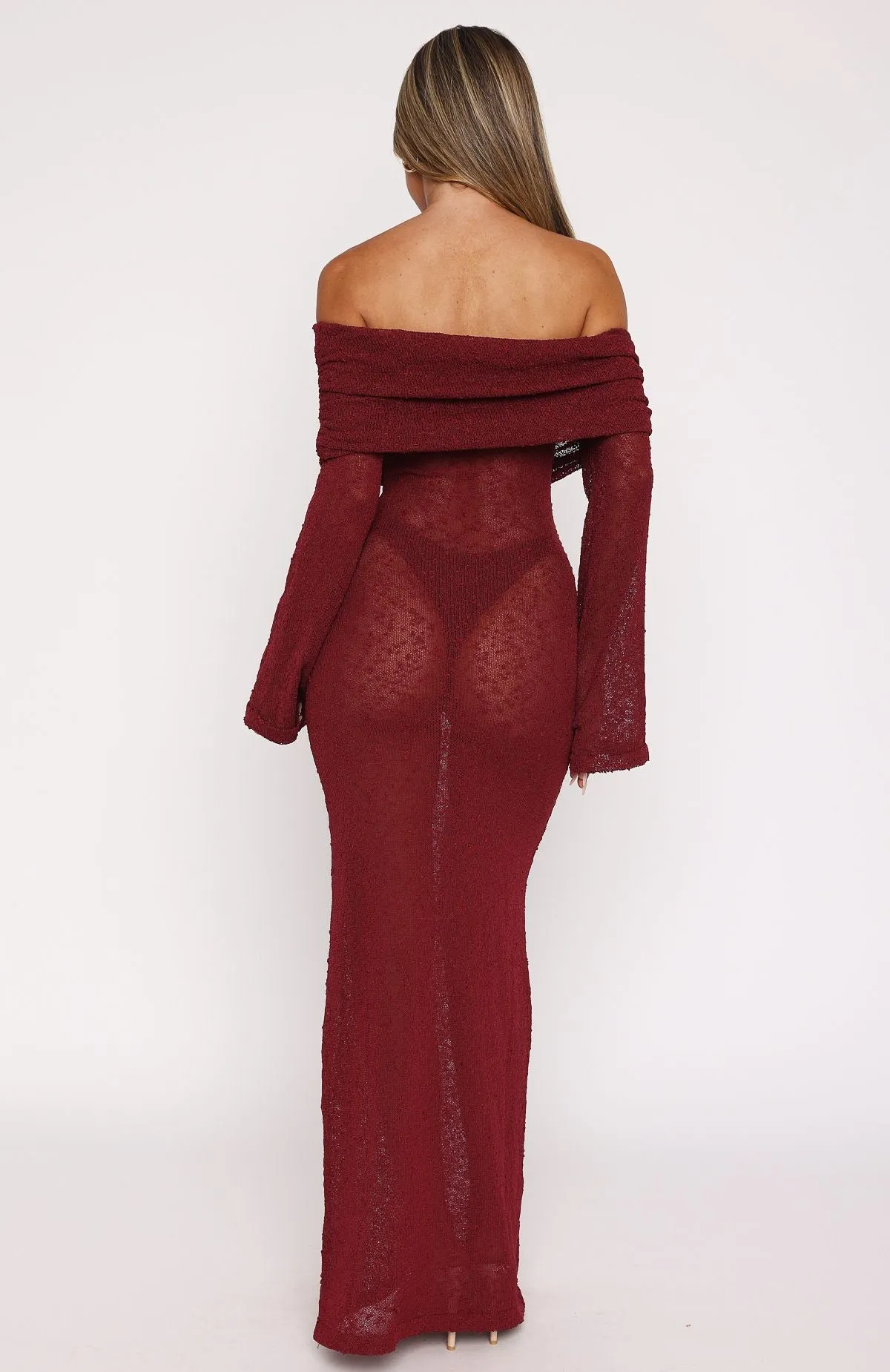 Made It Out Long Sleeve Boucle Maxi Dress Burgundy Photo Glow Layer Base