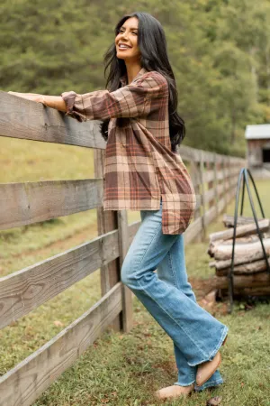 Autumn Brown Plaid Flannel Top Sun Beam