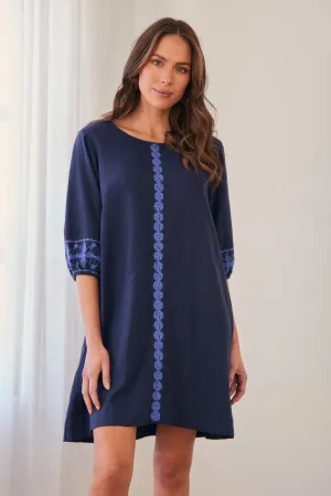 Hazel Short Shift Dress in Navy Old Lace Comfortable shift dress Lightweight-Structure