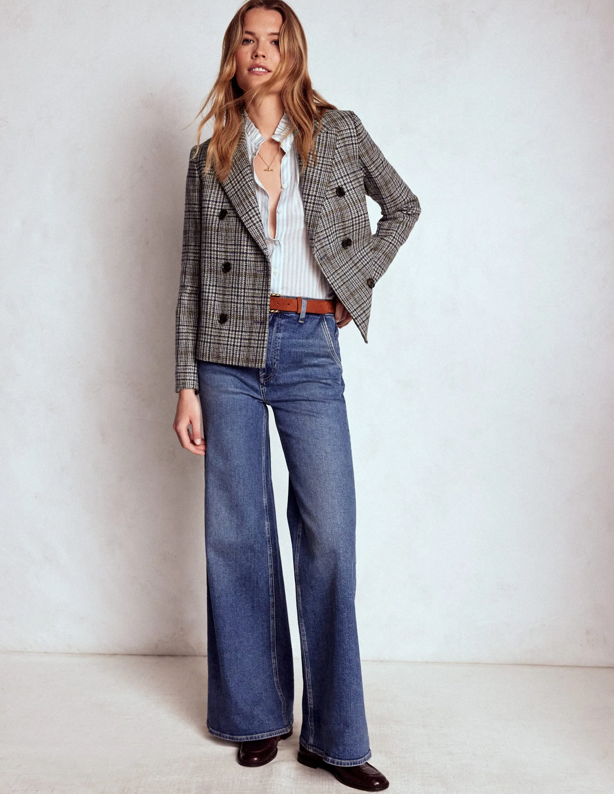 Boxy Double Breasted Blazer-Blue and Grey Prince of Wales AdjustableCuffs