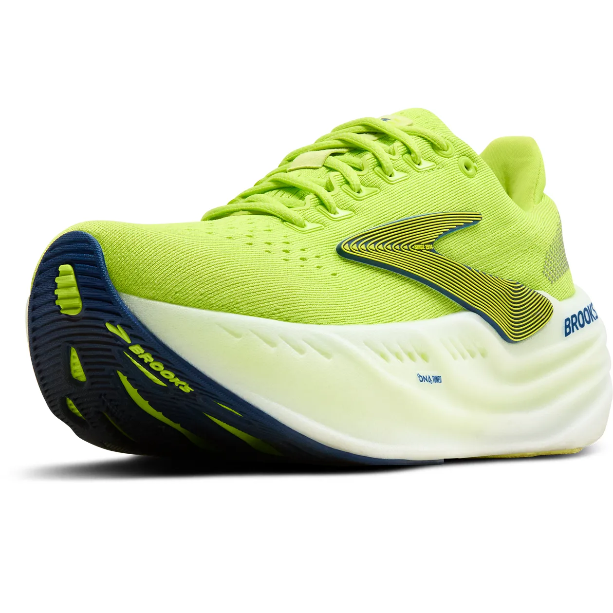 All Day Comfort Technology Hyper Elastic Polymer Brooks Mens Trainer Glycerin Max Lime/Navy Peony/White