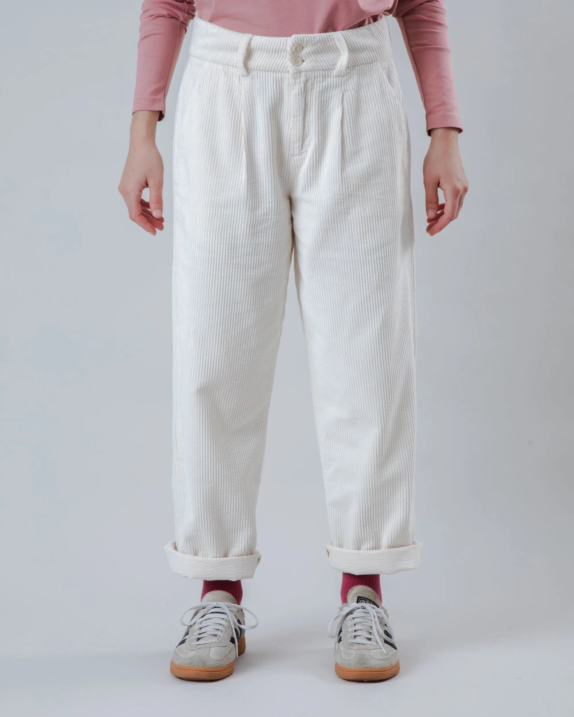 Corduroy Pleated Pants Ecru Layered Panel Design Ventilated Mesh Lining