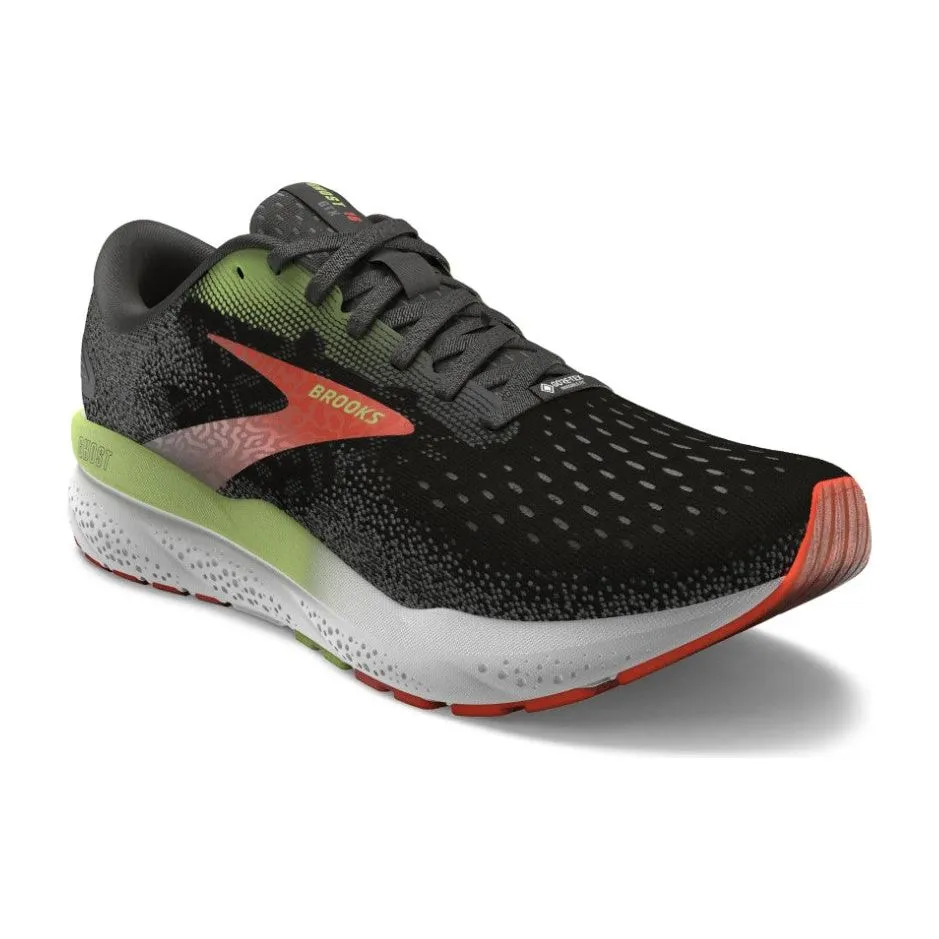 Brooks Mens Trainer Ghost 16 GTX Black/Mandarin Red/Green Comfortable Foot Arch Wet running stability