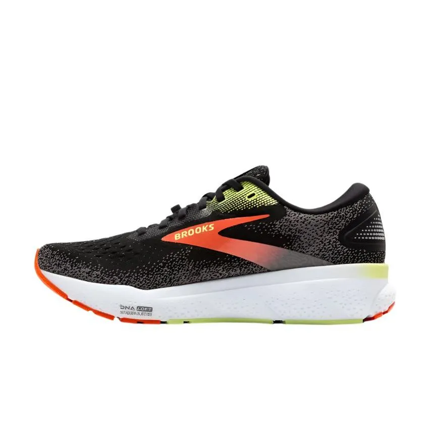 Brooks Mens Trainer Ghost 16 GTX Black/Mandarin Red/Green running in a basketball court area shoes