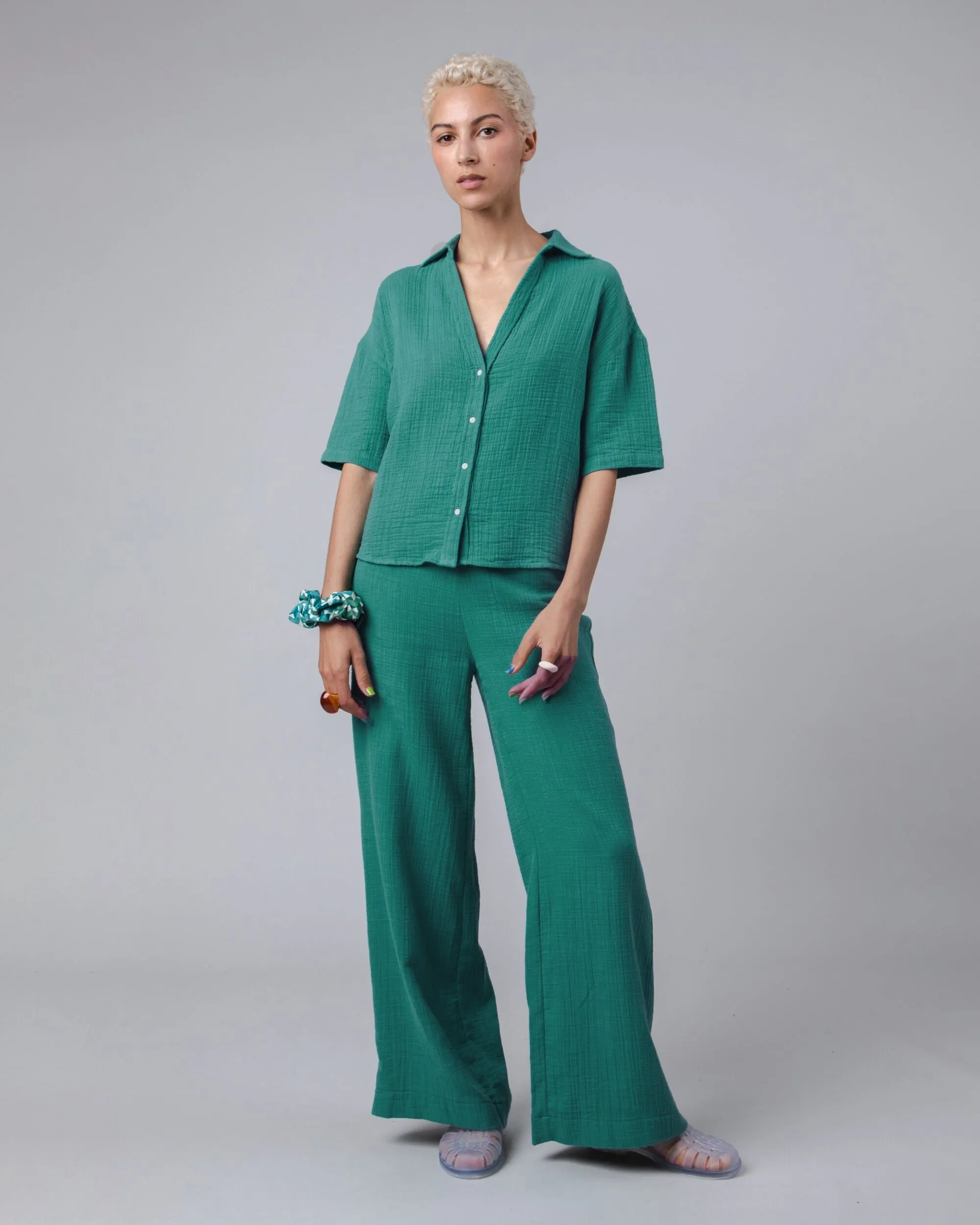Stretchy Material Sophisticated Look Bubble Wide Leg Pants Green