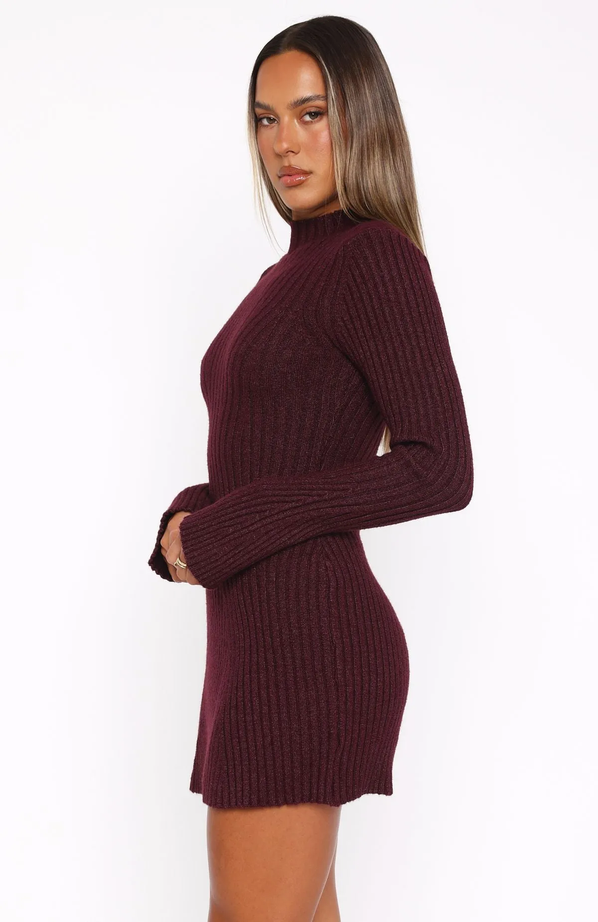 Building Bridges Long Sleeve Knit Mini Dress Burnt Cherry Date Vibe