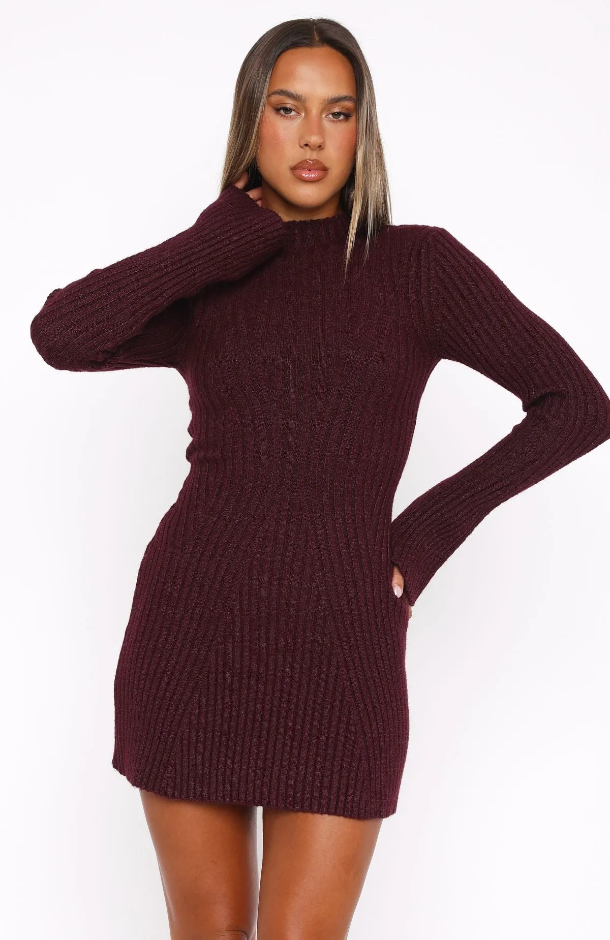 single wear High-waist Building Bridges Long Sleeve Knit Mini Dress Burnt Cherry