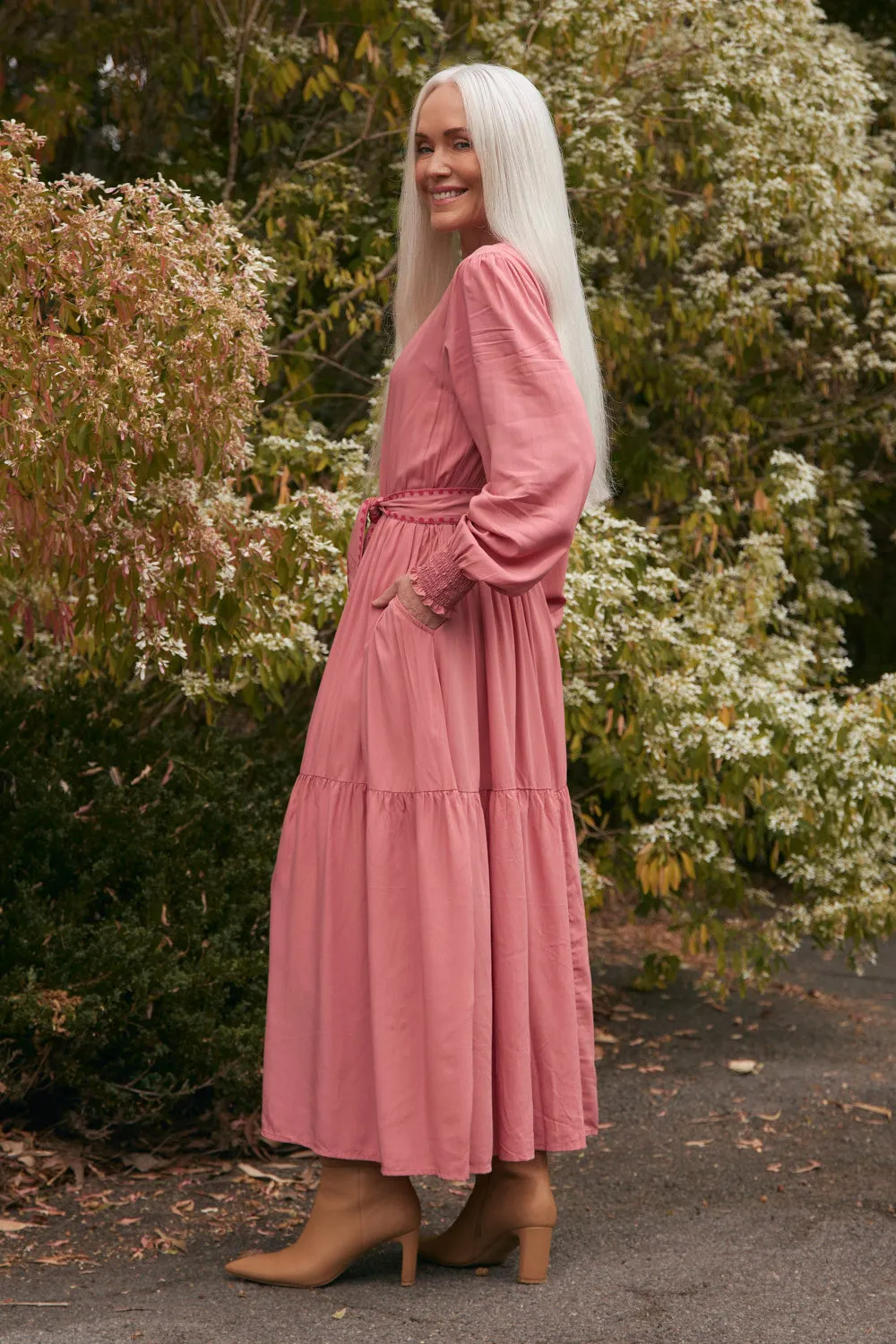 Savelle Embroidered Dress in Earth All Gender Fit Dress-Up Style