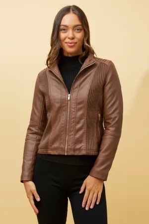 Windproof Hood Snap Closures BECKY VEGAN LEATHER BIKER JACKET