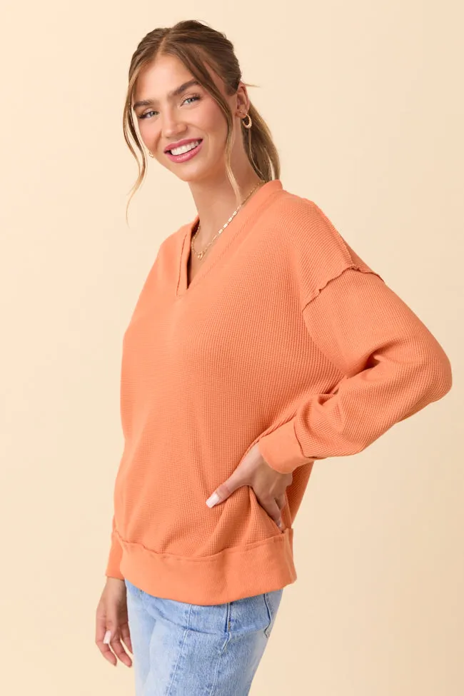 Cruz Oversized V-Neck Waffle Knit Orange Pullover SALE simple design ShapeRetentionCloth