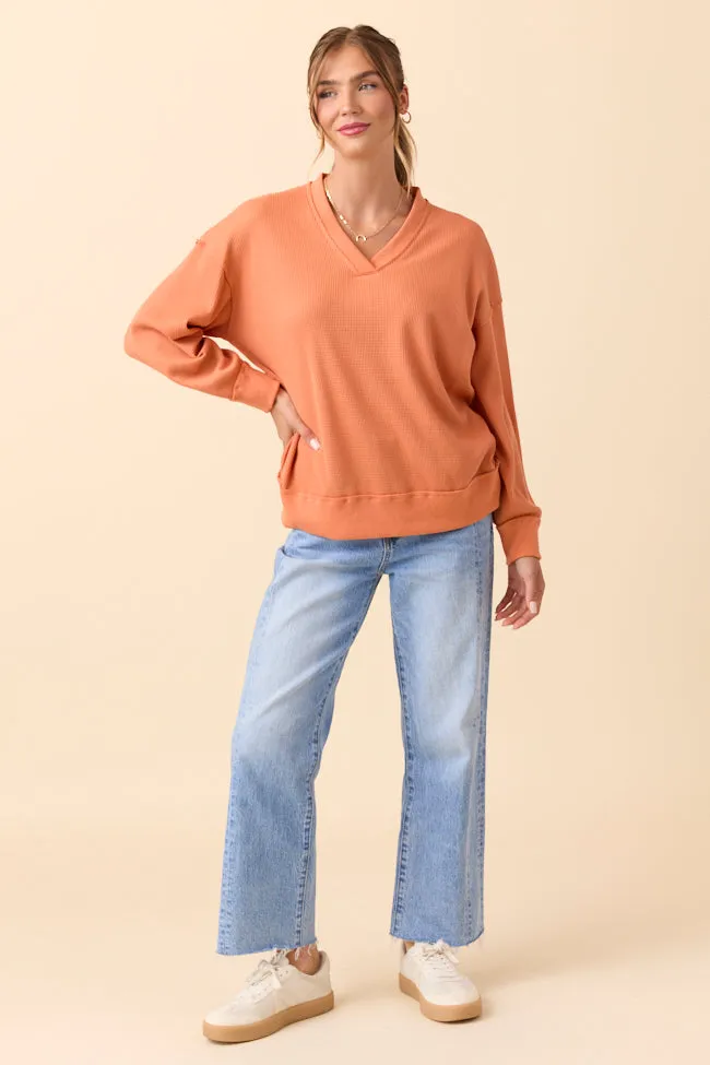 Soft Jersey Cruz Oversized V-Neck Waffle Knit Orange Pullover SALE