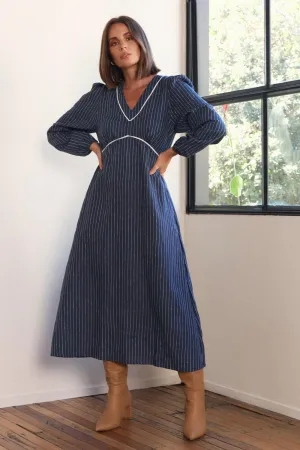 cut out Farrah Long Sleeve Linen Dress in Pinstripe