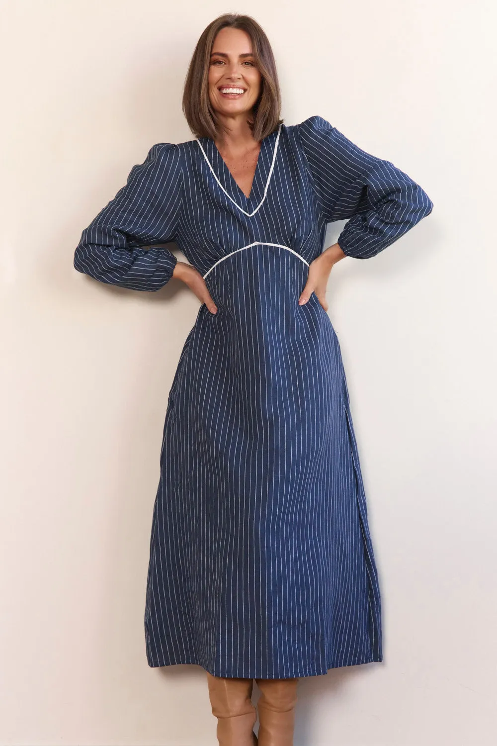 Soft Volume Church Proper Farrah Long Sleeve Linen Dress in Pinstripe