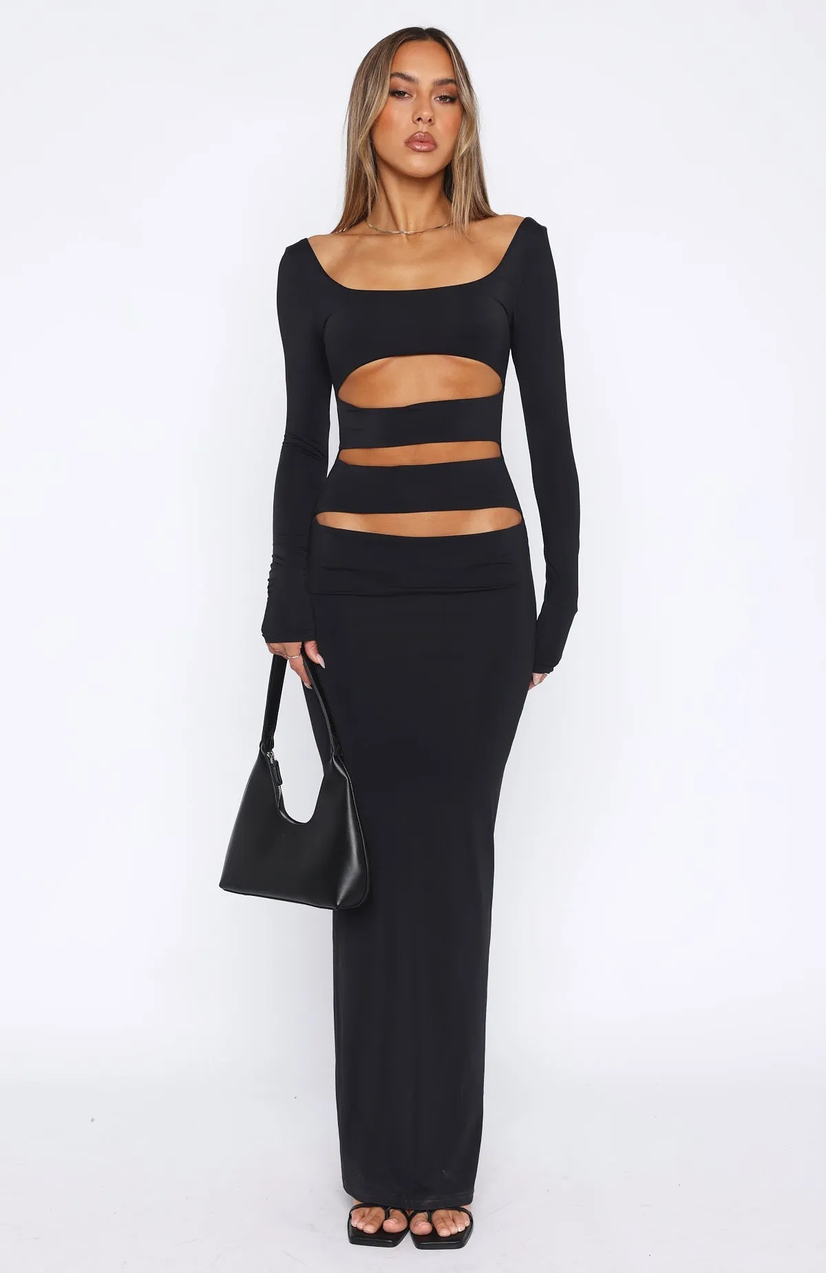 Pure Vibes cut out Catch Me Quick Long Sleeve Maxi Dress Black